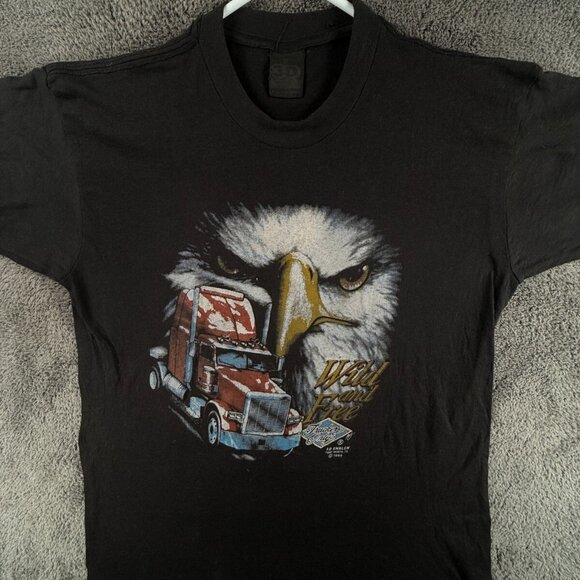VTG 3D Emblem Truckers Only 1989 WILD & FREE T Shirt Graphic Fort Worth USA Med - Picture 1 of 16